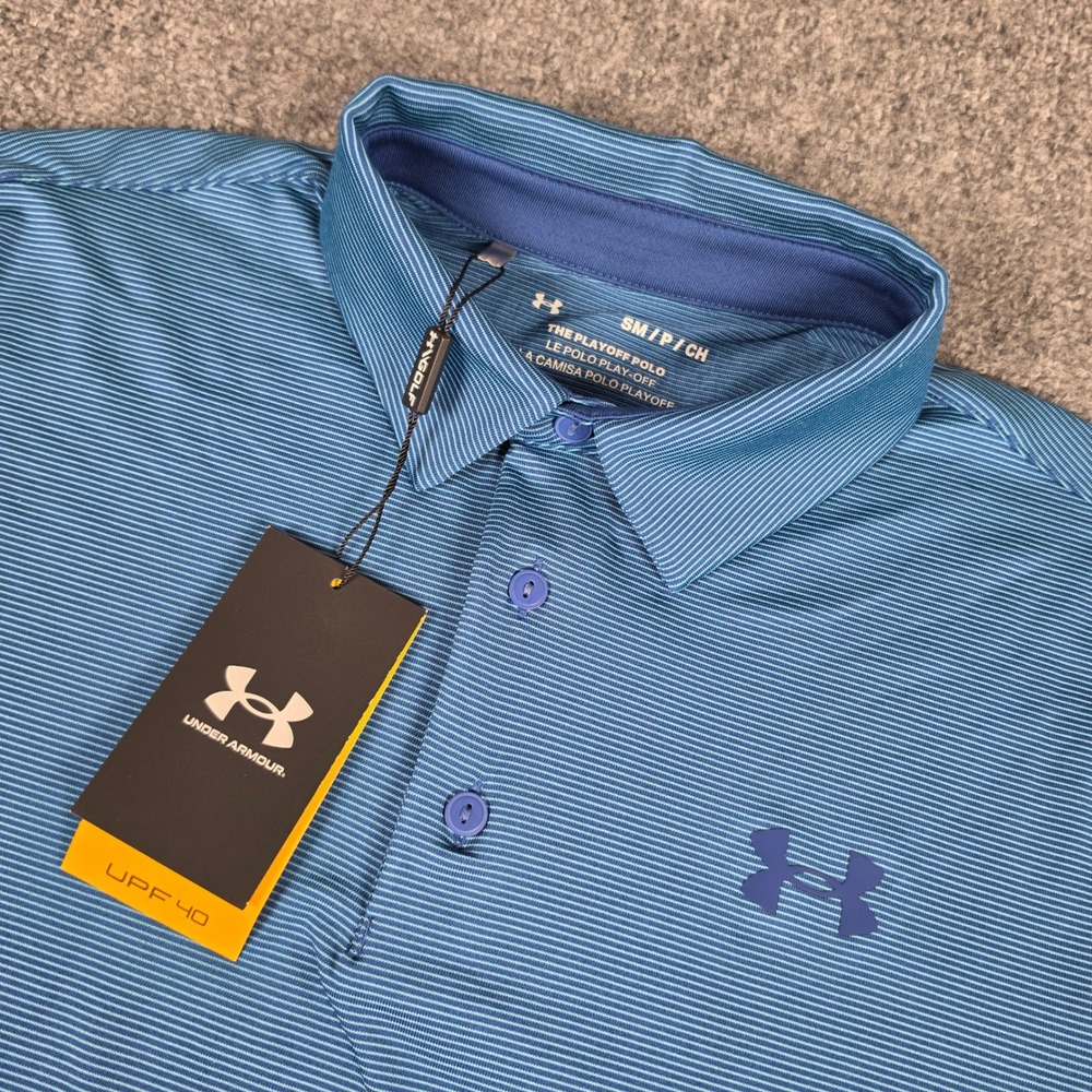 Under Armour Playoff 3.0 Polo Mens Small Blue Striped Golf Shirt 1378676-471 NWT